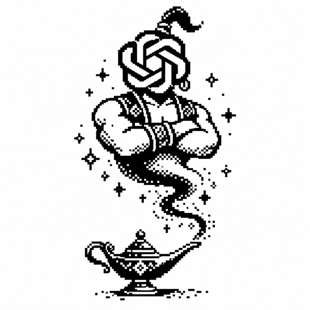 A pixel-art genie emerging from a lamp, with the OpenAI knot for a face.